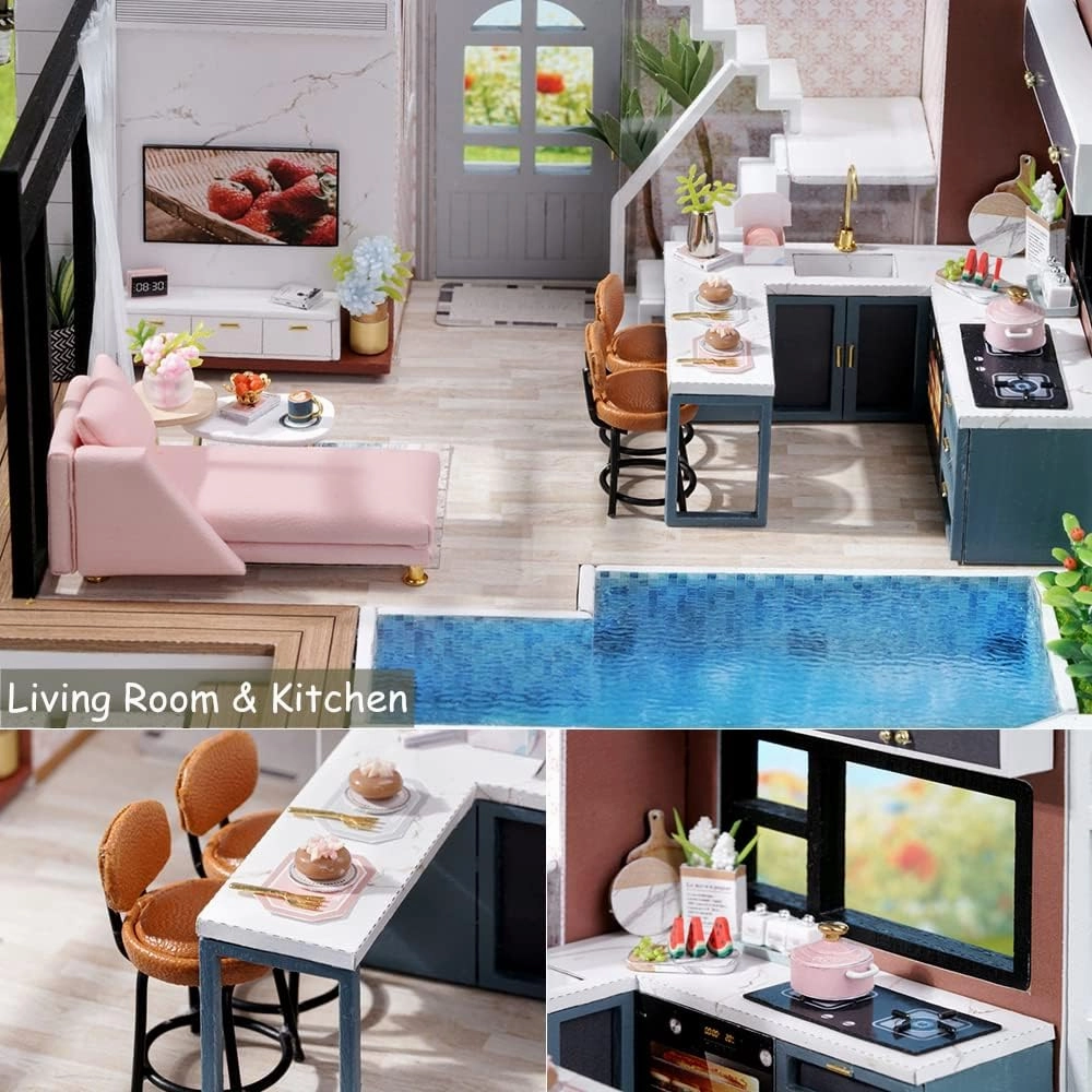 TuKIIE DIY Miniature Dollhouse Kit with Furniture, 1:24 Scale Large Garden Villa Wooden Doll House Accessories Plus Dust Proof & Music Movement for Kids Teens Adults(West Creek House)