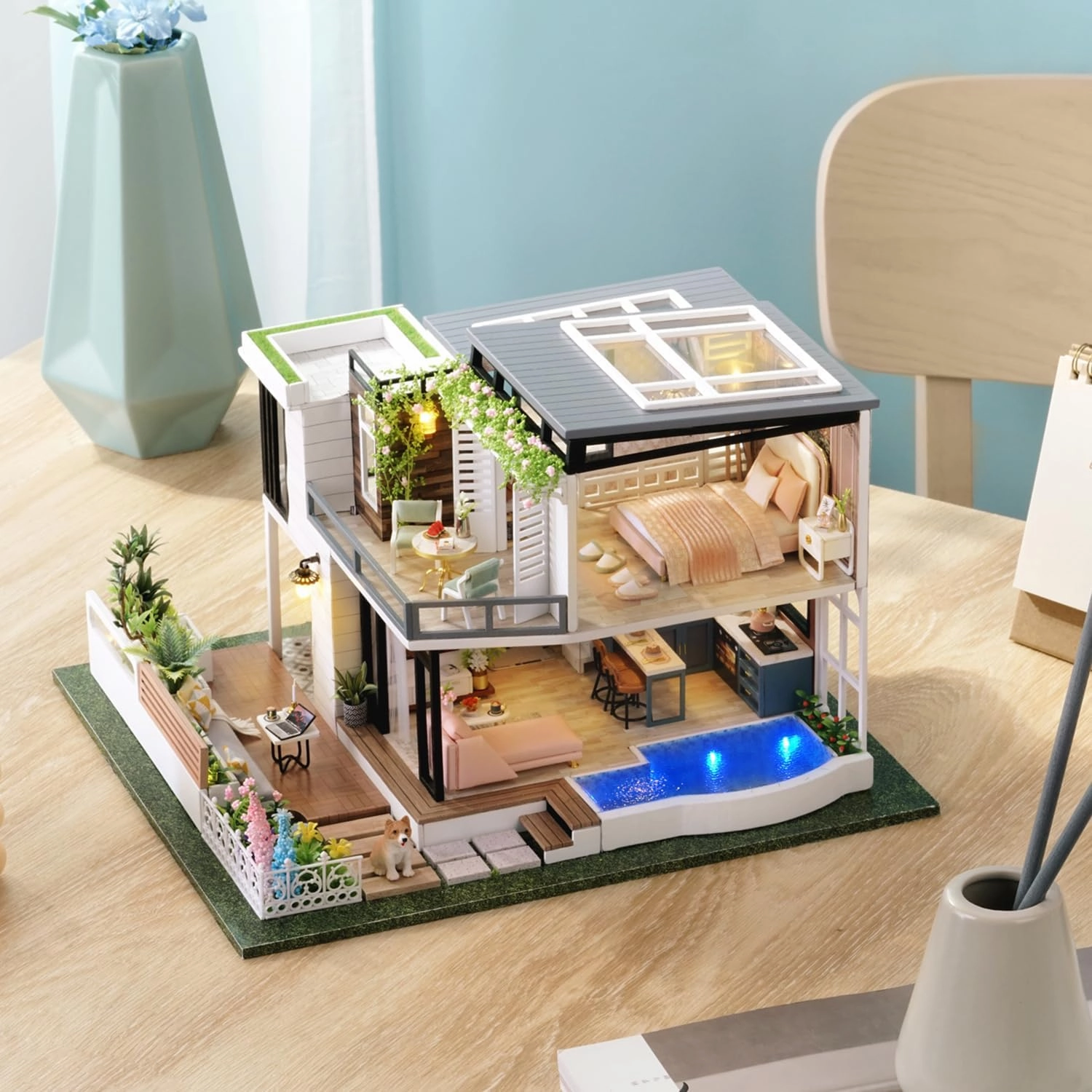 TuKIIE DIY Miniature Dollhouse Kit with Furniture, 1:24 Scale Large Garden Villa Wooden Doll House Accessories Plus Dust Proof & Music Movement for Kids Teens Adults(West Creek House)