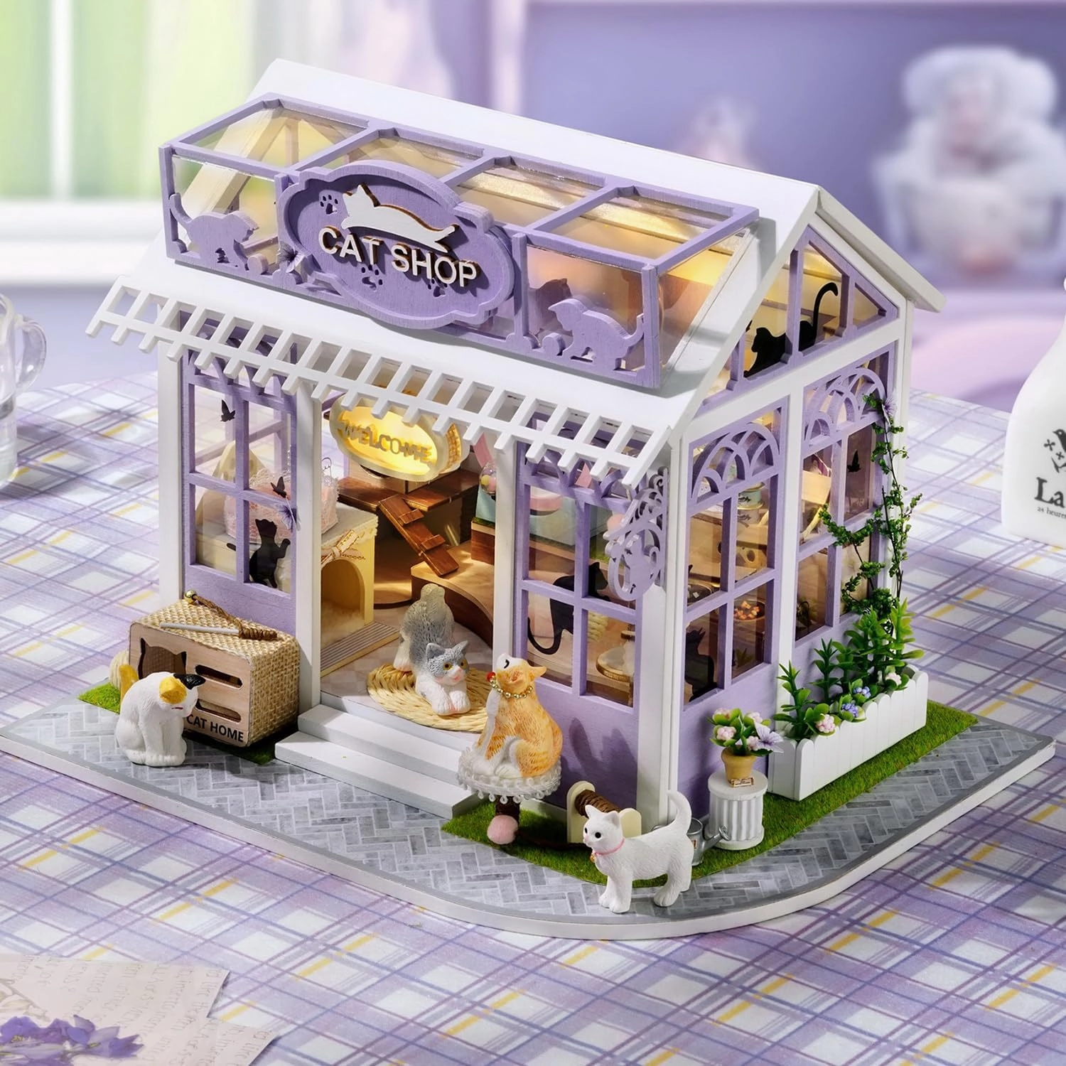 TuKIIE DIY Miniature House Kit with Furniture, 1:24 Scale Creative Room Mini Wooden Dollhouse Book Nook Plus Dust Proof & Music Movement for Kids Teens Adults(Cat Shop)