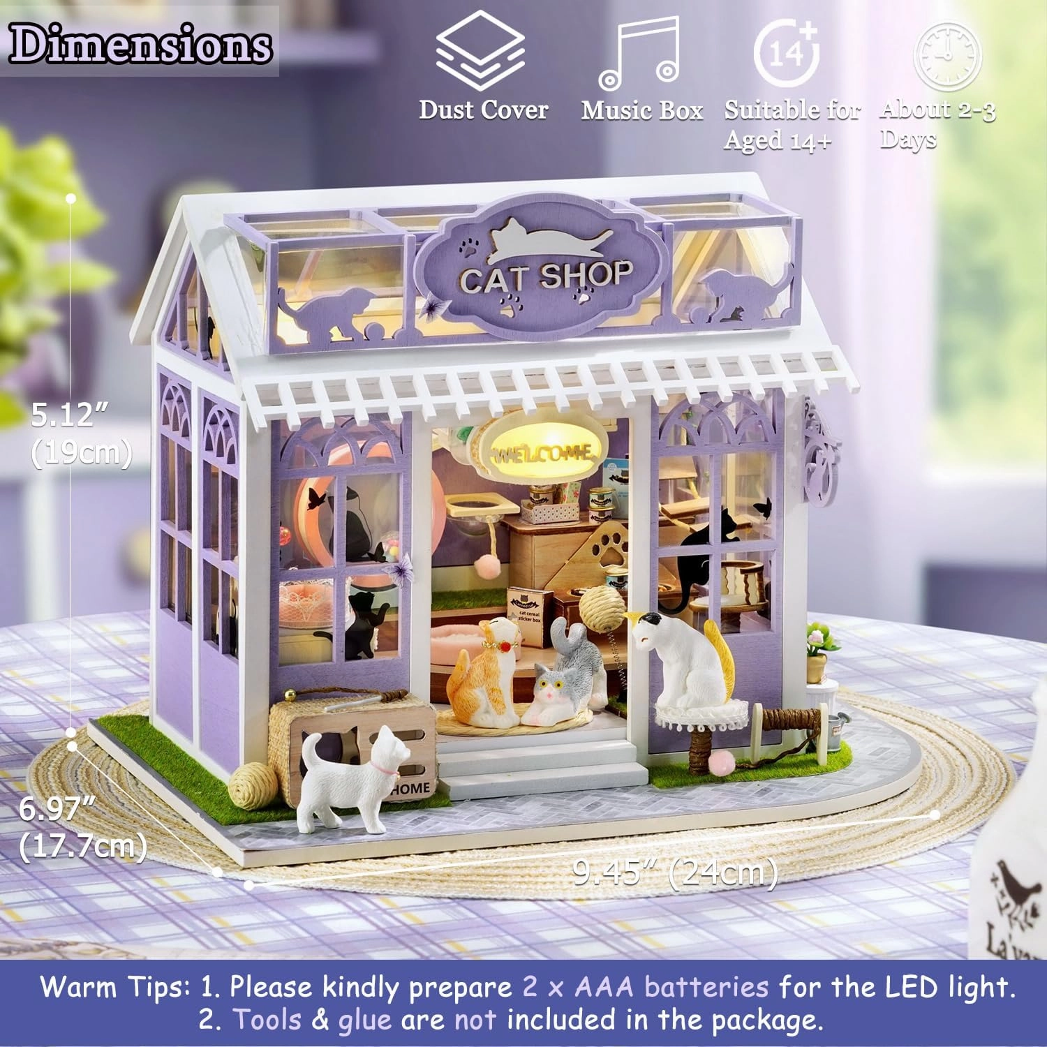 TuKIIE DIY Miniature House Kit with Furniture, 1:24 Scale Creative Room Mini Wooden Dollhouse Book Nook Plus Dust Proof & Music Movement for Kids Teens Adults(Cat Shop)