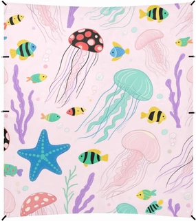 Under Ocean Animal Jellyfish Starfish Pink Colorful Foldable Beach Canopy UPF50  Protection Waterproof Large Sun Shelter Includes Sand Shovel, Sandbags, Stability Poles for Backyard and Camping