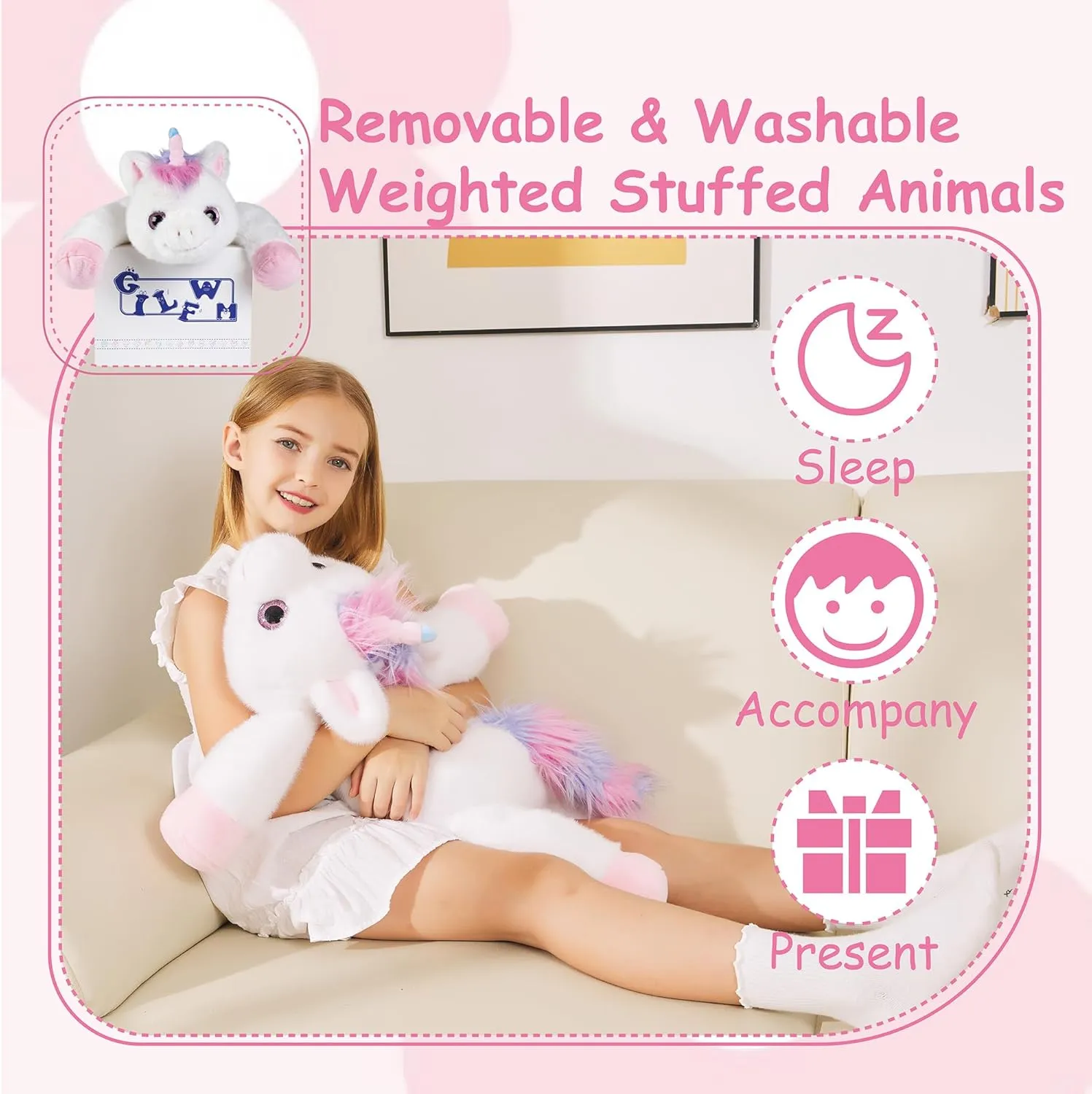 Unicorn Weighted Stuffed Animals - 25" Big Stuffed Animal Toy Rainbow Pillow for Girls Boys Kids, 5 lbs Ultra-Soft Washable Weighted Plush