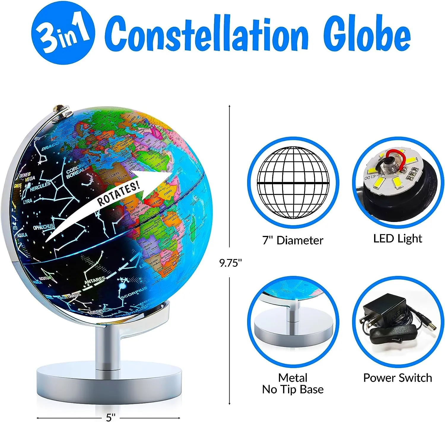 USA Toyz Illuminated Globe for Kids Learning - 7.2" Diameter
