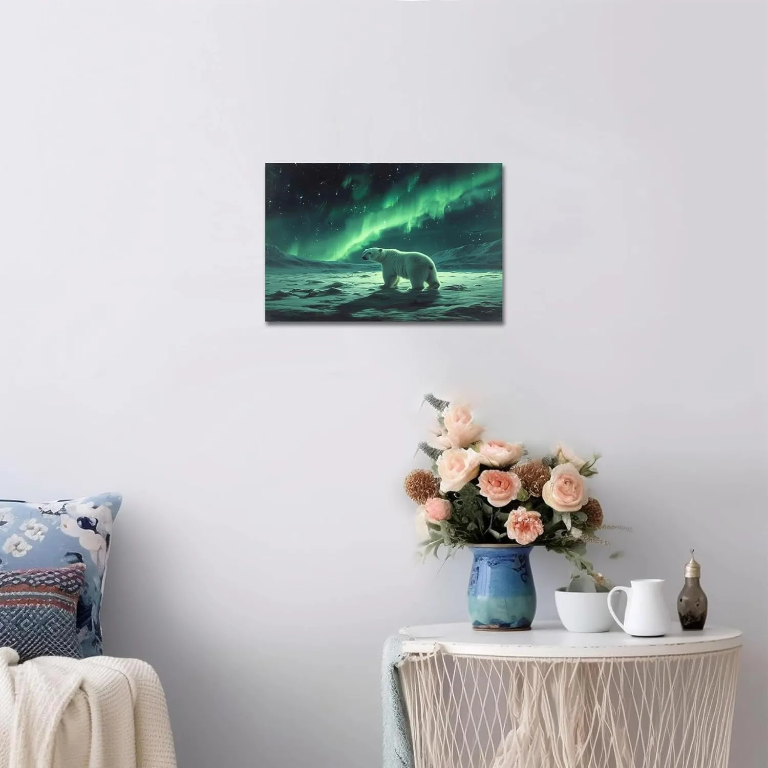 UZMKM Aurora Borealis Starry Wall Art Decor, Northern Lights Night Sky Wall Picture, Snow Mountain And Polar Bear Wall Art Wall Poster, Beautiful Aurora Scenery Poster for Office Bathroom 12x18 Inch