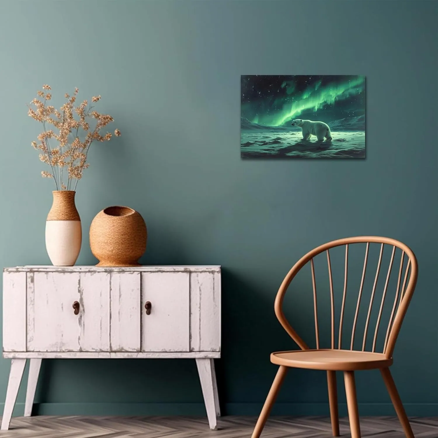 UZMKM Aurora Borealis Starry Wall Art Decor, Northern Lights Night Sky Wall Picture, Snow Mountain And Polar Bear Wall Art Wall Poster, Beautiful Aurora Scenery Poster for Office Bathroom 12x18 Inch