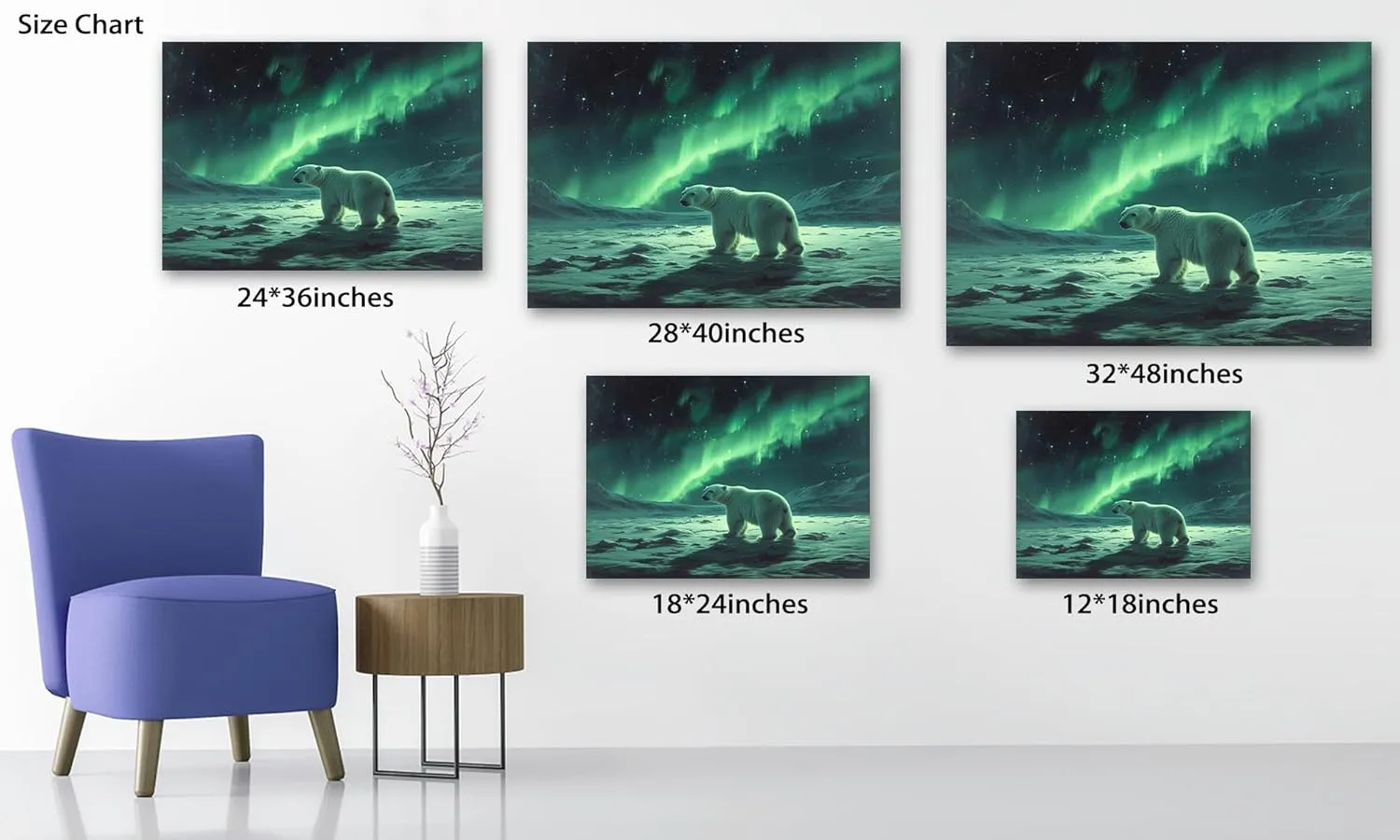 UZMKM Aurora Borealis Starry Wall Art Decor, Northern Lights Night Sky Wall Picture, Snow Mountain And Polar Bear Wall Art Wall Poster, Beautiful Aurora Scenery Poster for Office Bathroom 12x18 Inch