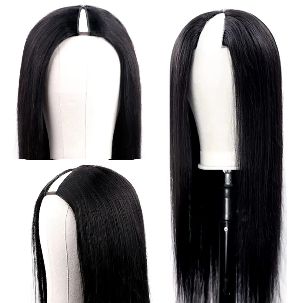 V Part Wigs Straight Brazilian Virgin Human Hair Wigs for Black Women Upgrade U Part Wigs Glueless Full Head Clip In Half Wig V Shape Wig No Leave Out180% Density Natural Color 16 Inch