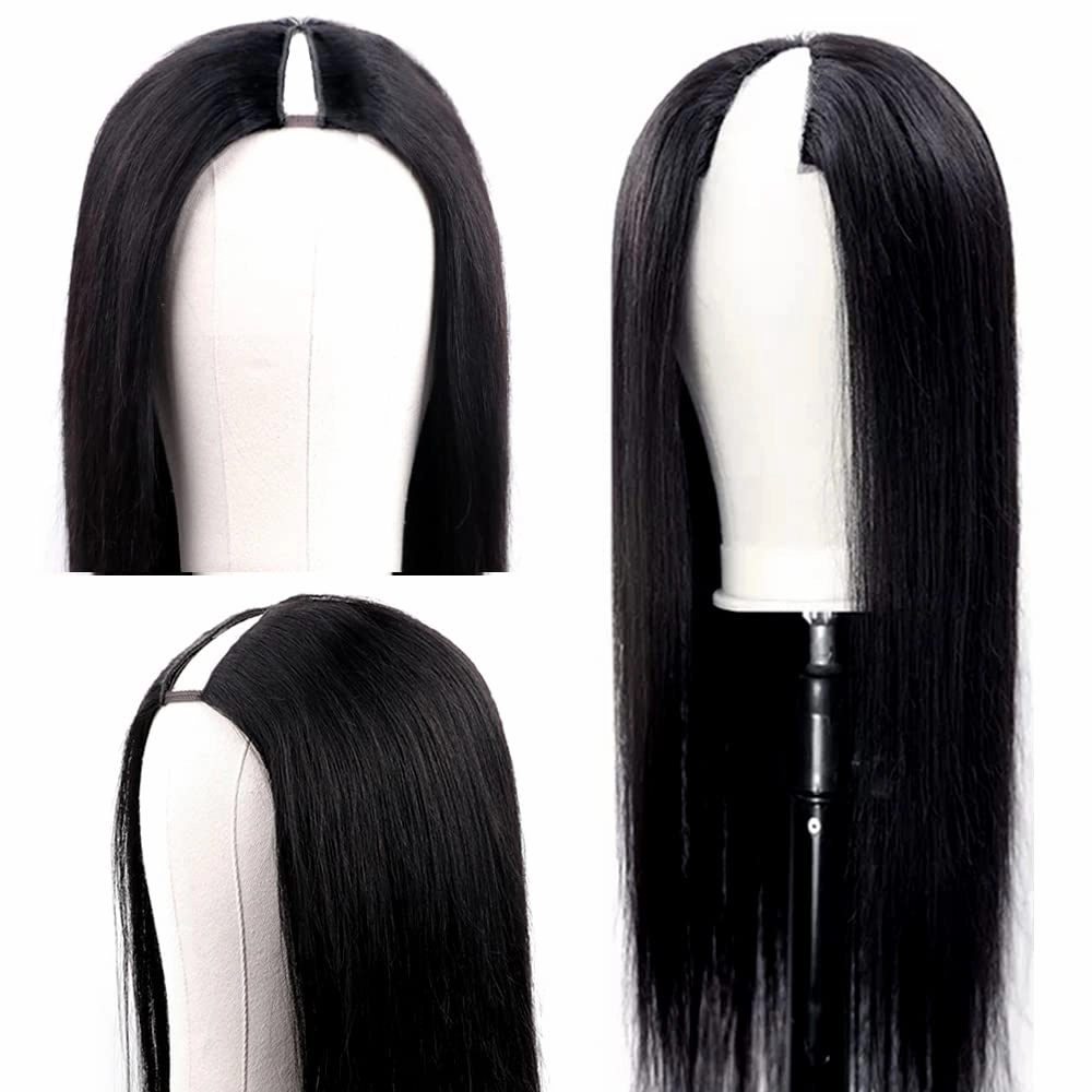 V Part Wigs Straight Brazilian Virgin Human Hair Wigs for Black Women Upgrade U Part Wig Glueless Full Head Clip In Half Wig No Leave Out Lace Front Wig Natural Color 16 Inch