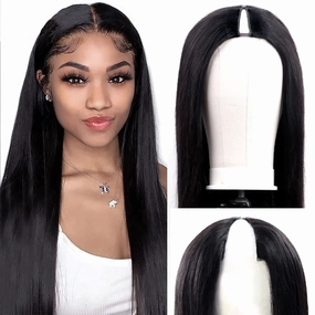 V Part Wigs Straight Brazilian Virgin Human Hair Wigs for Black Women Upgrade U Part Wig Glueless Full Head Clip In Half Wig No Leave Out Lace Front Wig Natural Color 16 Inch