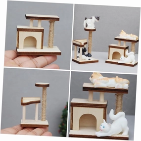 Vaguelly 2pcs Miniature Cat Trees Model for Doll House Furniture Wooden Accessories Scale Decor Unfinished Design Realistic Pet Room Layout