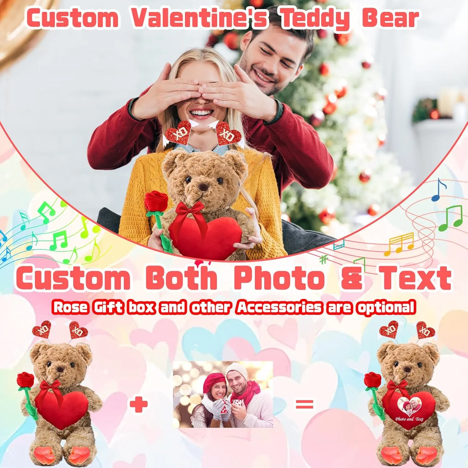 Valentine Bear Personalized Teddy Bear with Heart for Women Men, Valentine Teddy Bear with Photo  Text, Personalized Gifts as Gifts for Valentines Gifts for Kids Adults (11 inch-Text Photo)
