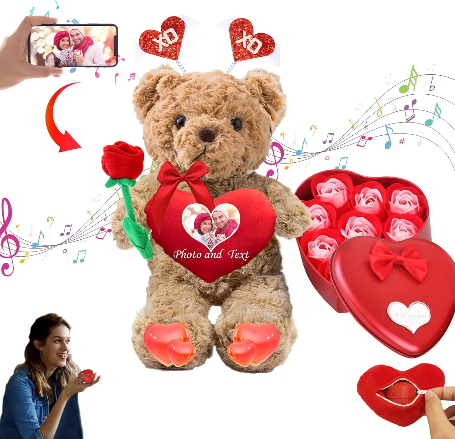 Valentine Bear Personalized Teddy Bear with Heart for Women Men, Valentine Teddy Bear with Photo  Text, Personalized Gifts as Gifts for Valentines Gifts for Kids Adults (11 inch-Text Photo)
