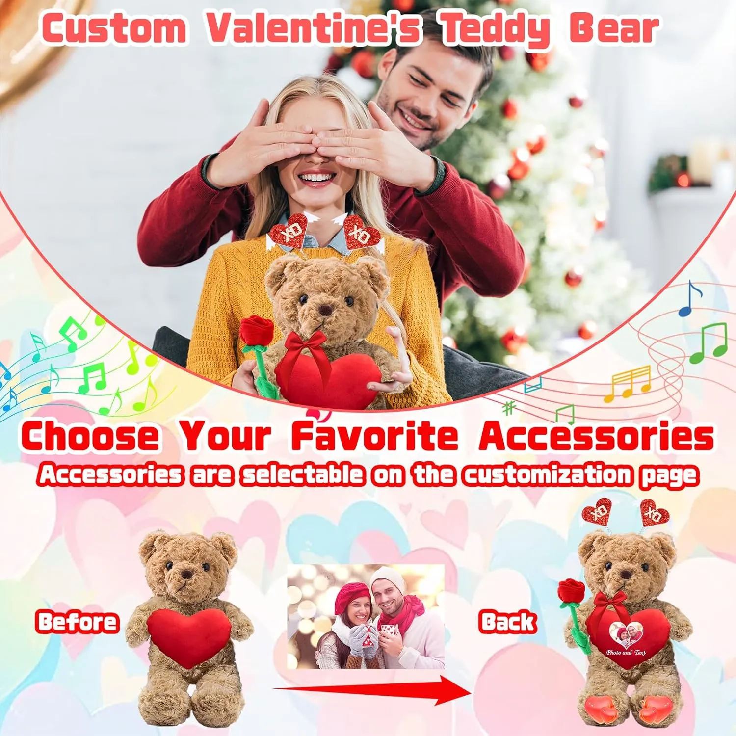 Valentine Bear Personalized Teddy Bear with Heart for Women Men, Valentine Teddy Bear with Photo  Text, Personalized Gifts as Gifts for Valentines Gifts for Kids Adults (11 inch-Text Photo)