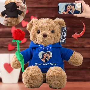 Valentine Gifts for Him/Her Personalized Teddy Bear with Photo  Custom Text, Valentine Plush Teddy Bear with Rose & Bow as Im Sorry Gifts for Her/Him on Valentine/Anniversary (11 in-Hoodie-Blue)