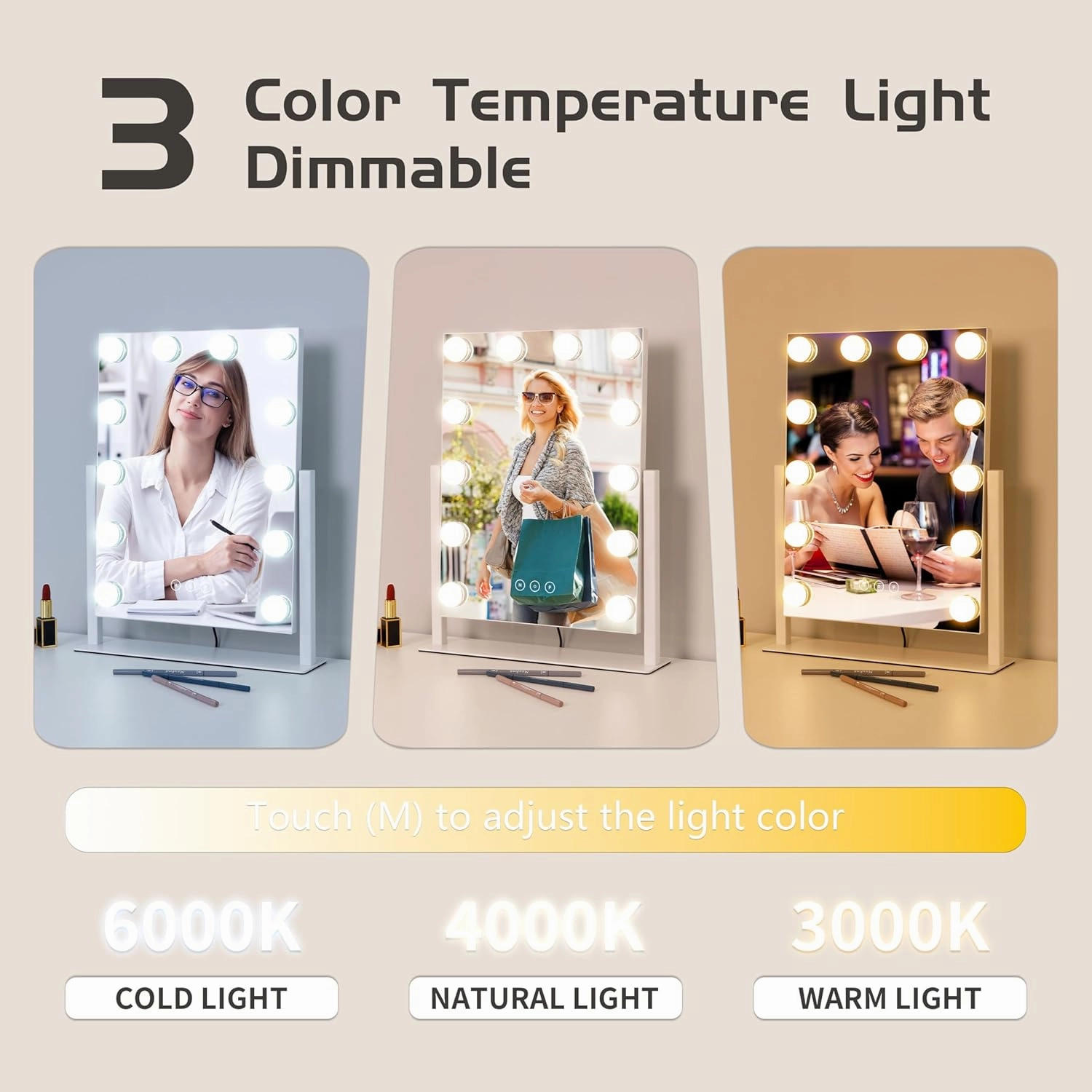 Vanity Mirror with Lights,Lighted Vanity Mirror with 12 Dimmable Bulbs for Dressing Room & Bedroom,3 Color Lighting,Modes Detachable 10x Magnification 360°Ratation (White) 14.6" L x 17" W