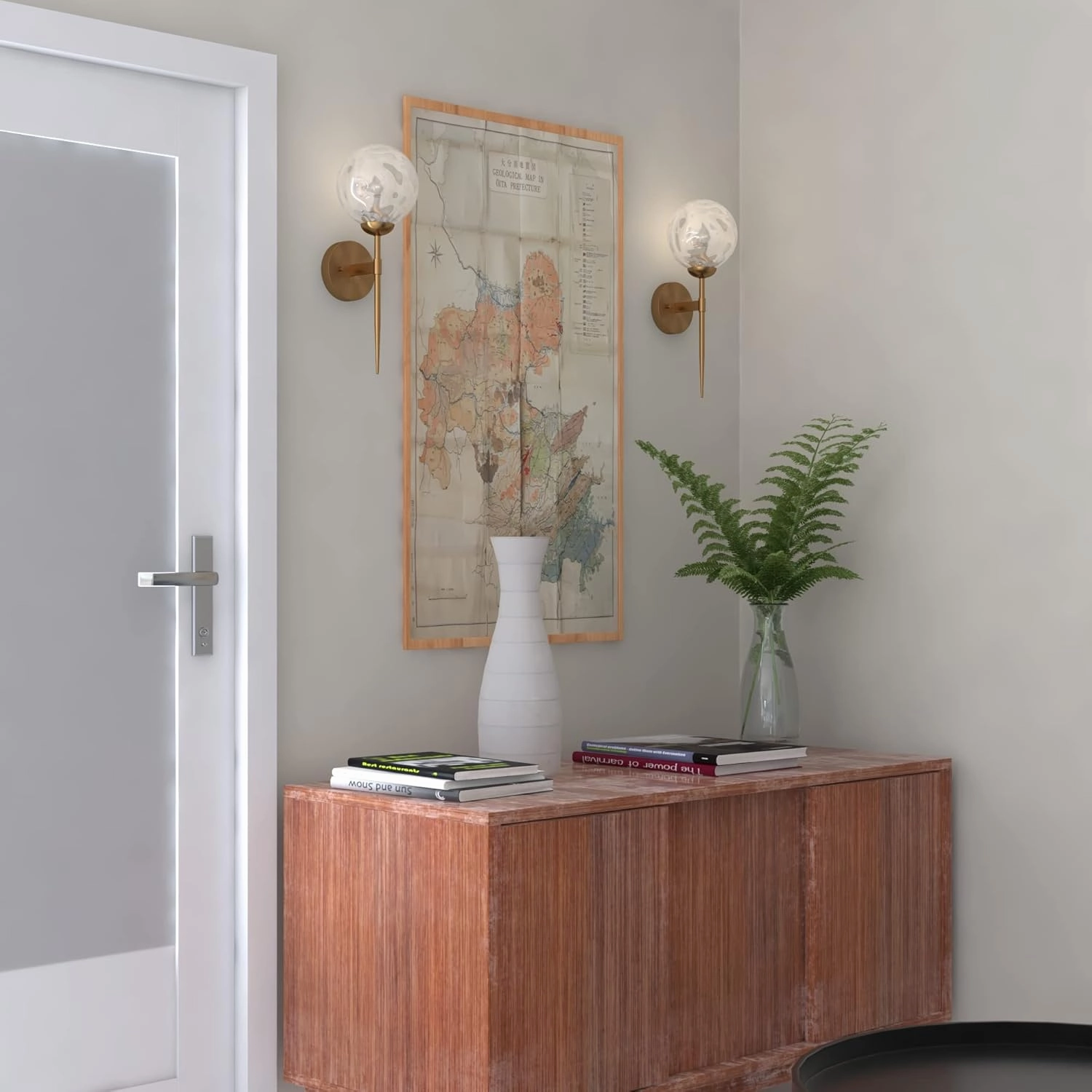 VAXCEL Olson 1 Light Brass Mid-Century Modern Wall Sconce Clear Globe Glass