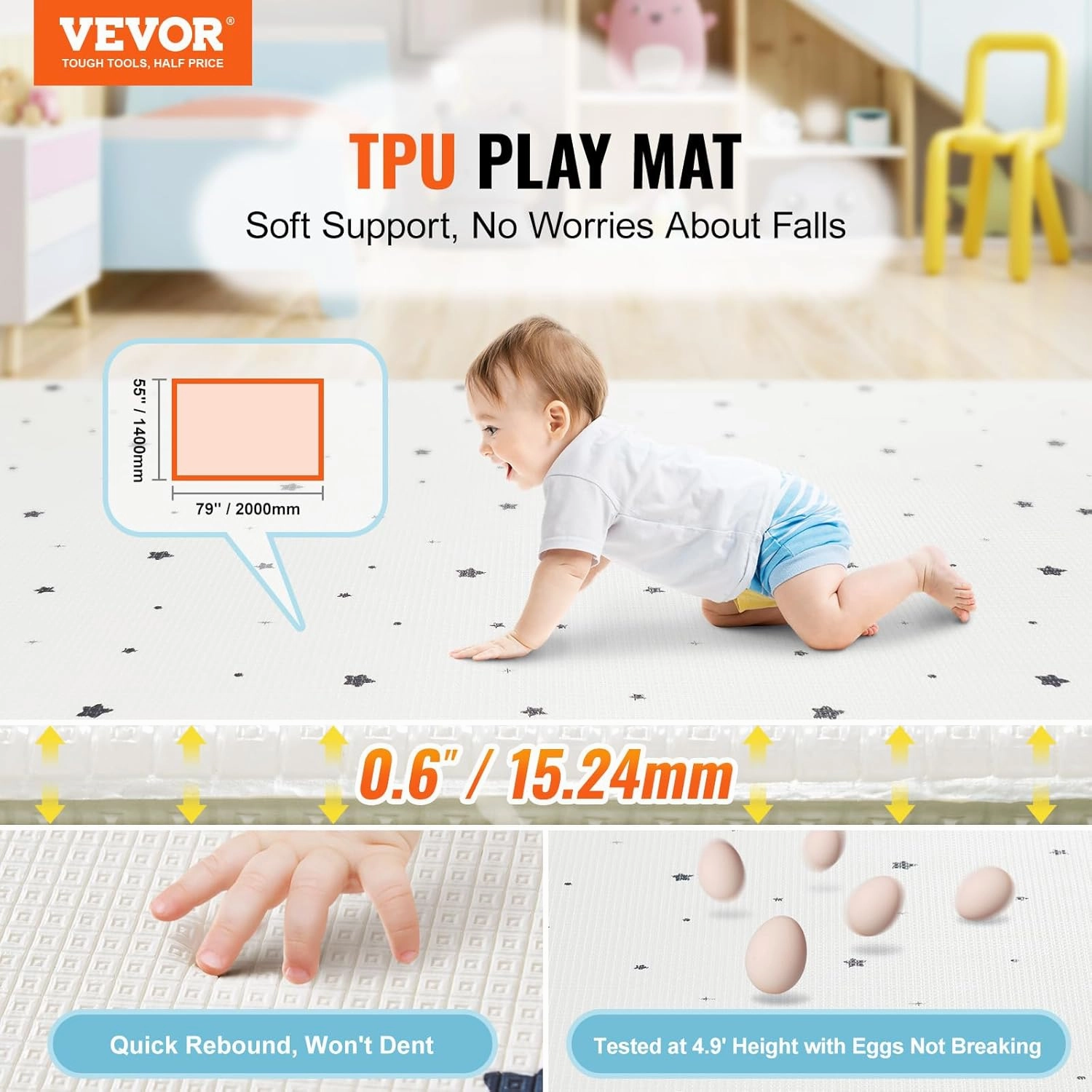 VEVOR Baby Play Mat, 55""x79"" Baby Crawling Mat, Non-Slip One-Piece Soft Baby Playmat, Rollable Reversible Floor Mat, Waterproof Activity Playmats, for Babies Toddlers Infants, Play & Tummy Time
