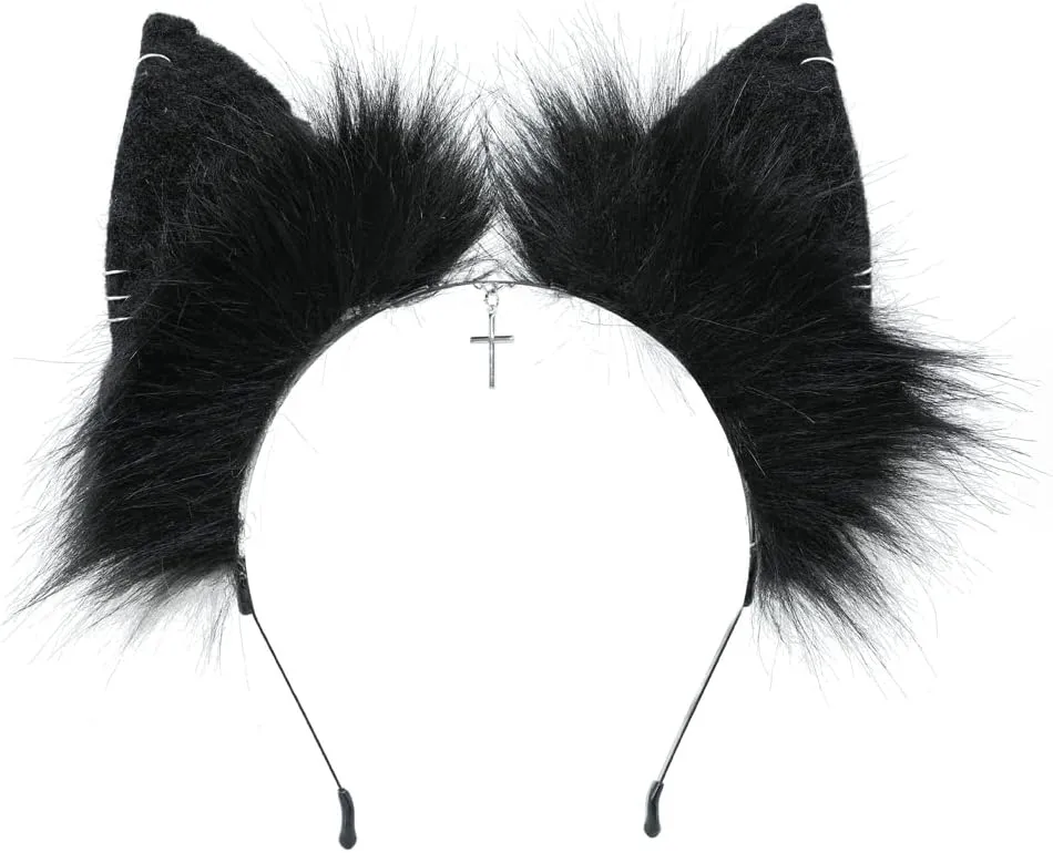 VIGVAN Handmade Wolf Fox Ears Animal Cosplay Cute Head Accessories for Halloween (Chain Grey Black)