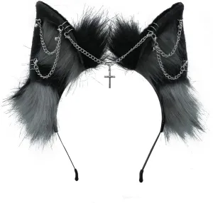 VIGVAN Handmade Wolf Fox Ears Animal Cosplay Cute Head Accessories for Halloween (Chain Grey Black)