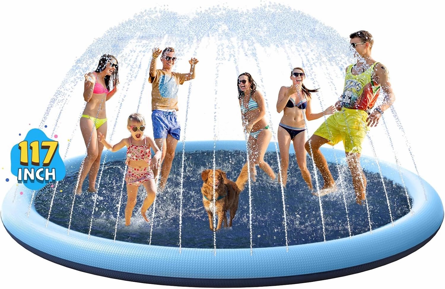 VISTOP Non-Slip Splash Pad for Kids and Dog, Thicken Sprinkler Pool Summer Outdoor Water Toys - Fun Backyard Fountain Play Mat for Baby Girls Boys Children or Pet Dog (117 inch, Blue&Blue)