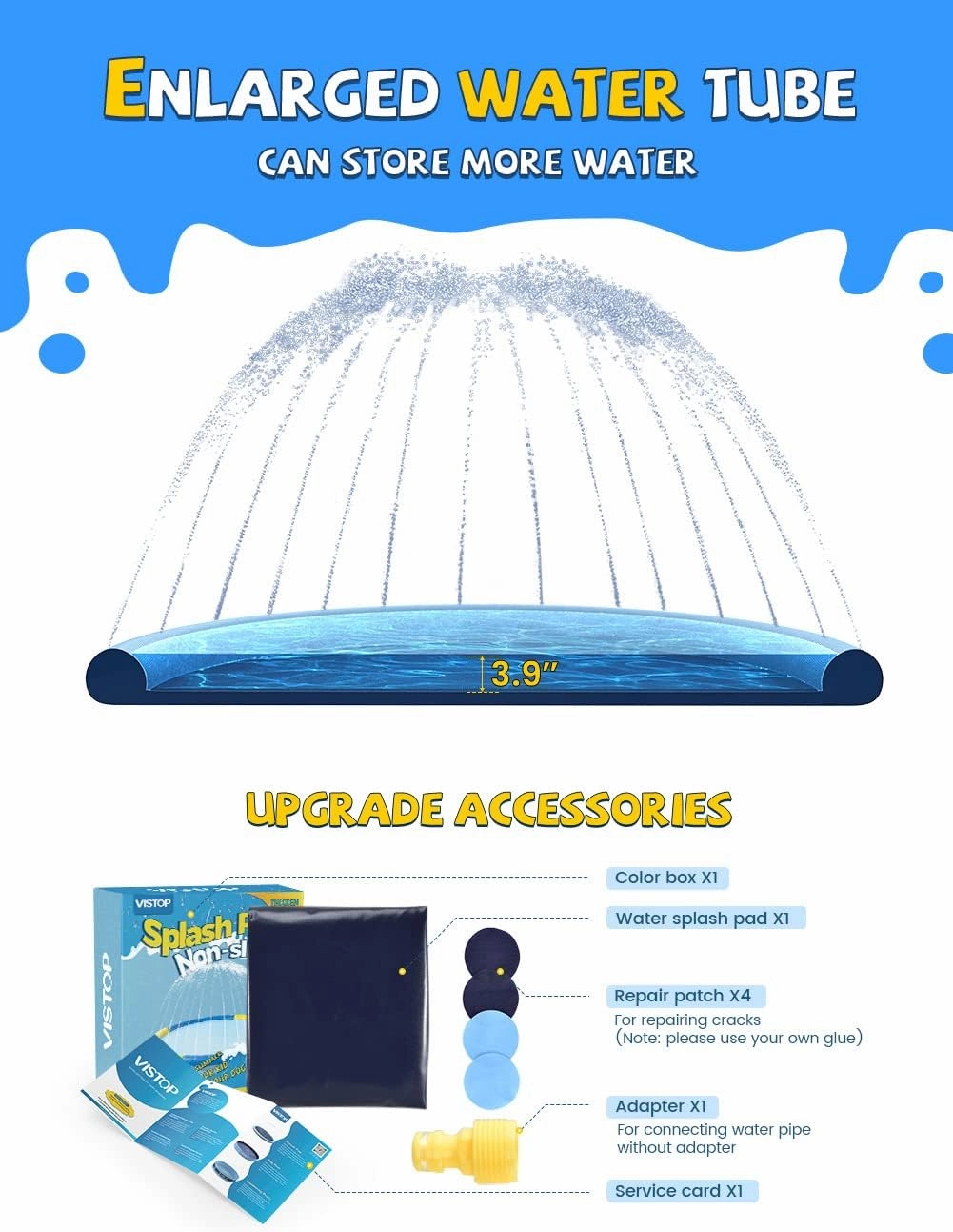 VISTOP Non-Slip Splash Pad for Kids and Dog, Thicken Sprinkler Pool Summer Outdoor Water Toys - Fun Backyard Fountain Play Mat for Baby Girls Boys Children or Pet Dog (117 inch, Blue&Blue)