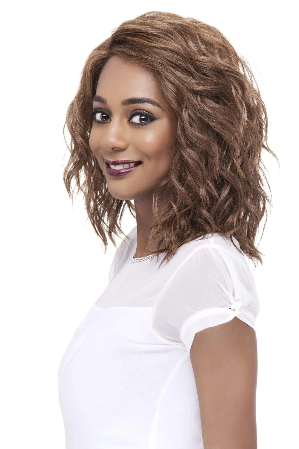 Vivica A. Fox FINN, Futura Synthetic Heat Resistant Fiber, HD Deep Lace Front, Natural Baby Hair, Layered Body Wave and Side Bang w/Invisible Side Part, Full Lace Front Wig (4 Medium Brown)
