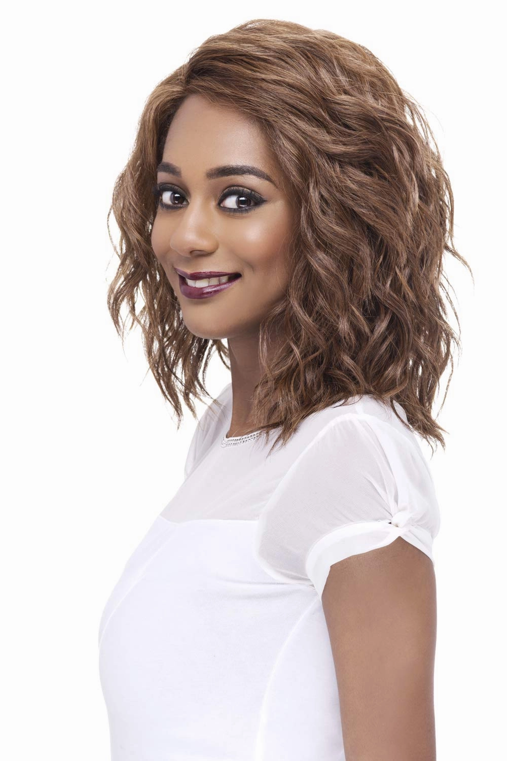 Vivica A. Fox FINN, Futura Synthetic Heat Resistant Fiber, HD Deep Lace Front, Natural Baby Hair, Layered Body Wave and Side Bang w/Invisible Side Part, Full Lace Front Wig (2 Dark Brown)