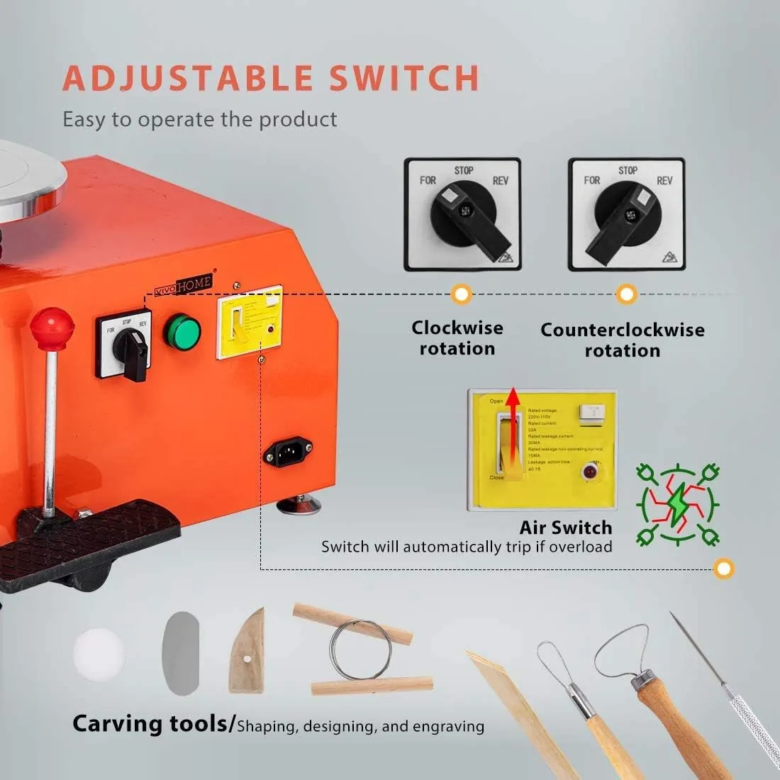 VIVOHOME 25CM Pottery Wheel Forming Machine 350W Electric DIY Clay Tool with Foot Pedal and Detachable Basin for Ceramic Work Art Craft Orange