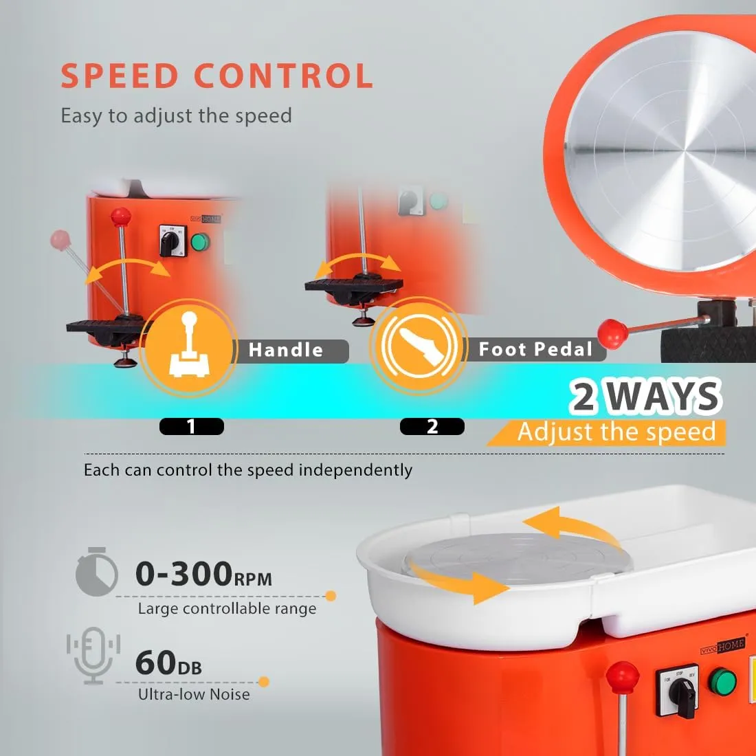 VIVOHOME 25CM Pottery Wheel Forming Machine 350W Electric DIY Clay Tool with Foot Pedal and Detachable Basin for Ceramic Work Art Craft Orange