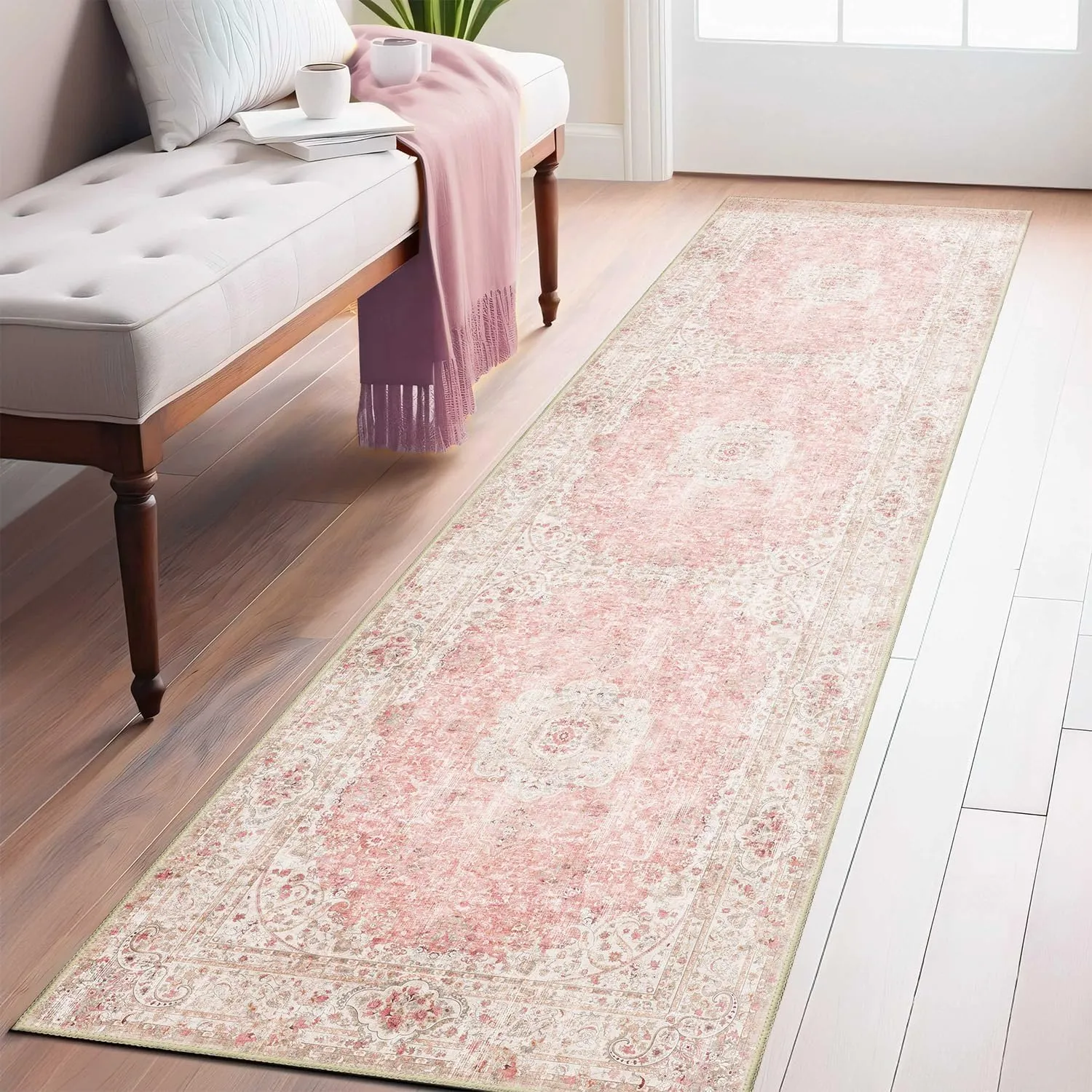 Washable Runner Rug 2x8,Pink Rug Runners Non Slip,Long Boho Rugs for Hallways Kitchen Bedroom Entryway Living Room Bathroom,Vintage Bohemian Distressed Floor Carpet,Blush