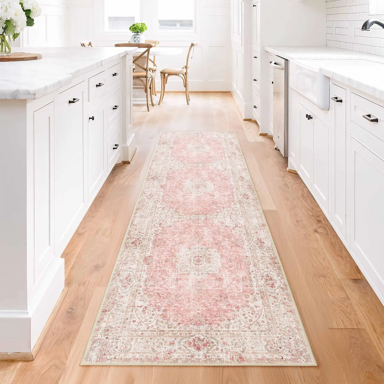 Washable Runner Rug 2x8,Pink Rug Runners Non Slip,Long Boho Rugs for Hallways Kitchen Bedroom Entryway Living Room Bathroom,Vintage Bohemian Distressed Floor Carpet,Blush