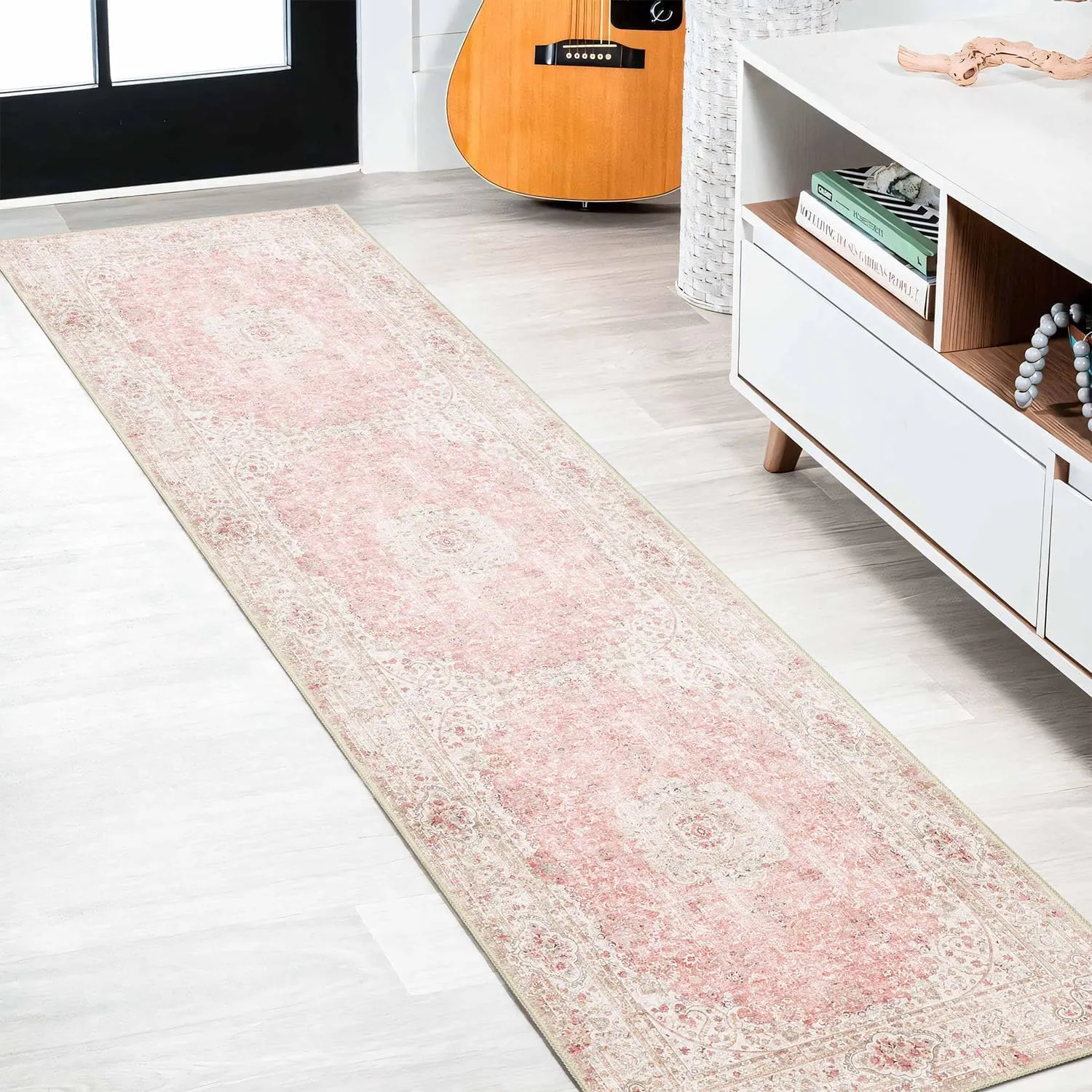 Washable Runner Rug 2x8,Pink Rug Runners Non Slip,Long Boho Rugs for Hallways Kitchen Bedroom Entryway Living Room Bathroom,Vintage Bohemian Distressed Floor Carpet,Blush