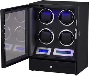 Watch Winder 4 Watches Automatic Winding Box Touch LCD Digital Display LED Illumination Quiet Motor 5 Rotation Modes