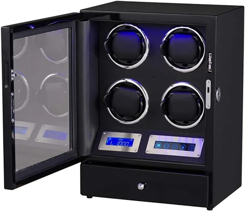 Watch Winder 4 Watches Automatic Winding Box Touch LCD Digital Display LED Illumination Quiet Motor 5 Rotation Modes