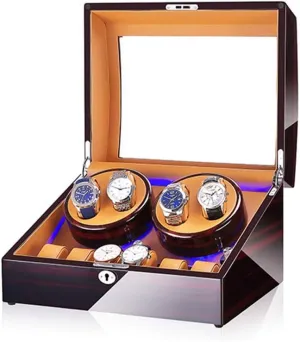 Watch Winder for 4 Watches   6 Storage, with LED Light, Quiet Motor, Wood Shell Piano Paint Exterior, 4 Rotation Modes Watch Winder Display Watch Box Case Watch Storage B