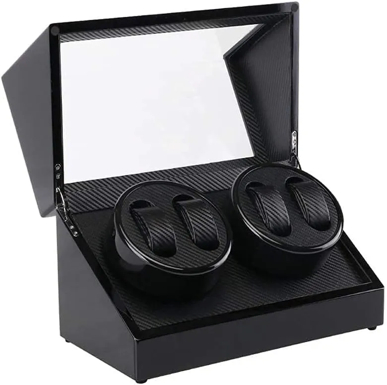 Watch Winder for 4 Watches, Wood Shell Piano Paint Exterior, Carbon Fiber Leather, Extremely Silent Motor Watches Durable/Black