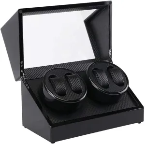 Watch Winder for 4 Watches, Wood Shell Piano Paint Exterior, Carbon Fiber Leather, Extremely Silent Motor Watches Durable/Black