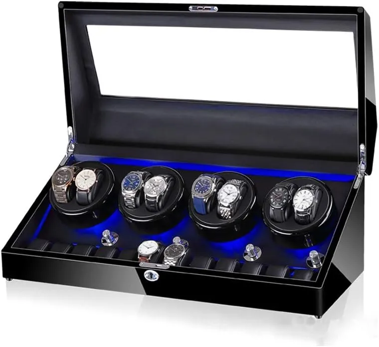 Watch Winder for 8 Watches   12 Storage, LED Light, Wood Shell Piano Paint Exterior, Leather Interior, Extremely Silent Motor Watch Winder for Automatic Watches C