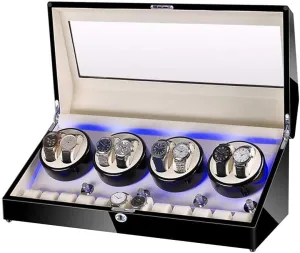 Watch Winder for 8 Watches   12 Storage LED Light Wood Shell Piano Paint Exterior Leather Interior Extremely Silent Motor