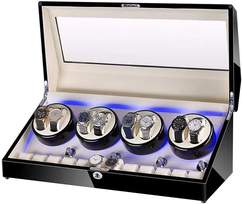 Watch Winder for 8 Watches   12 Storage LED Light Wood Shell Piano Paint Exterior Leather Interior Extremely Silent Motor