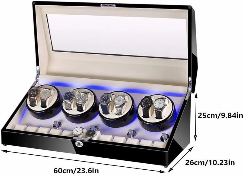 Watch Winder for 8 Watches   12 Storage, Led Light, Wood Shell Piano Paint Exterior, Leather Interior, Extremely Silent Motor,E