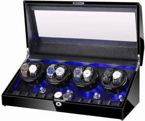 Watch Winder for 8 Watches   12 Storage, Led Light, Wood Shell Piano Paint Exterior, Leather Interior, Extremely Silent Motor,E