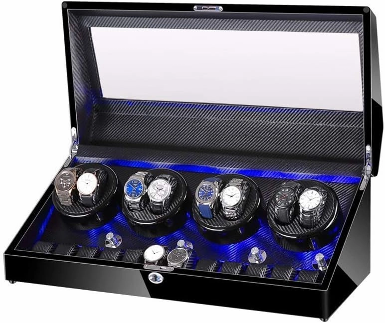 Watch Winder for 8 Watches   12 Storage, Led Light, Wood Shell Piano Paint Exterior, Leather Interior, Extremely Silent Motor,E