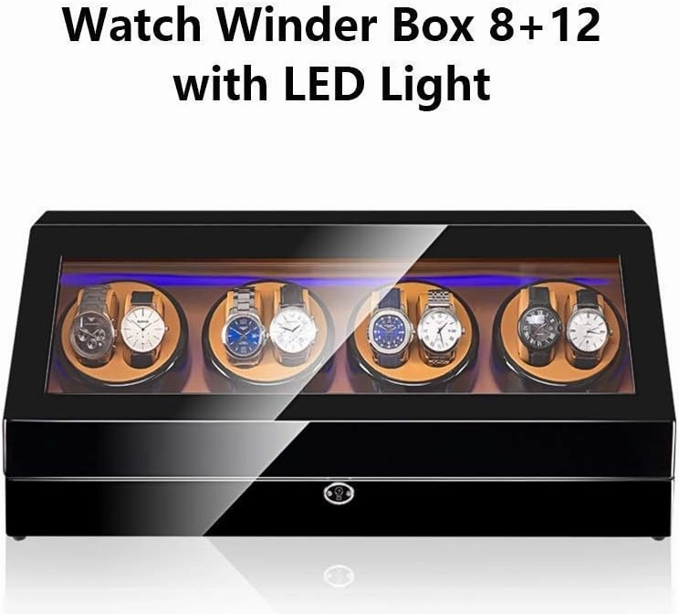 Watch Winder for 8 Watches   12 Storage, Led Light, Wood Shell Piano Paint Exterior, Leather Interior, Extremely Silent Motor,E