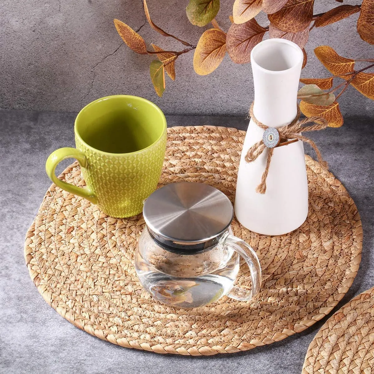 Water Hyacinth Woven Placemats, 13 inches Round Handwoven Boho Vintage Placemats Set of 6 Rattan Plate Chargers Wicker Tablemats Braided Heat Resistant Place Mats for Wedding Party
