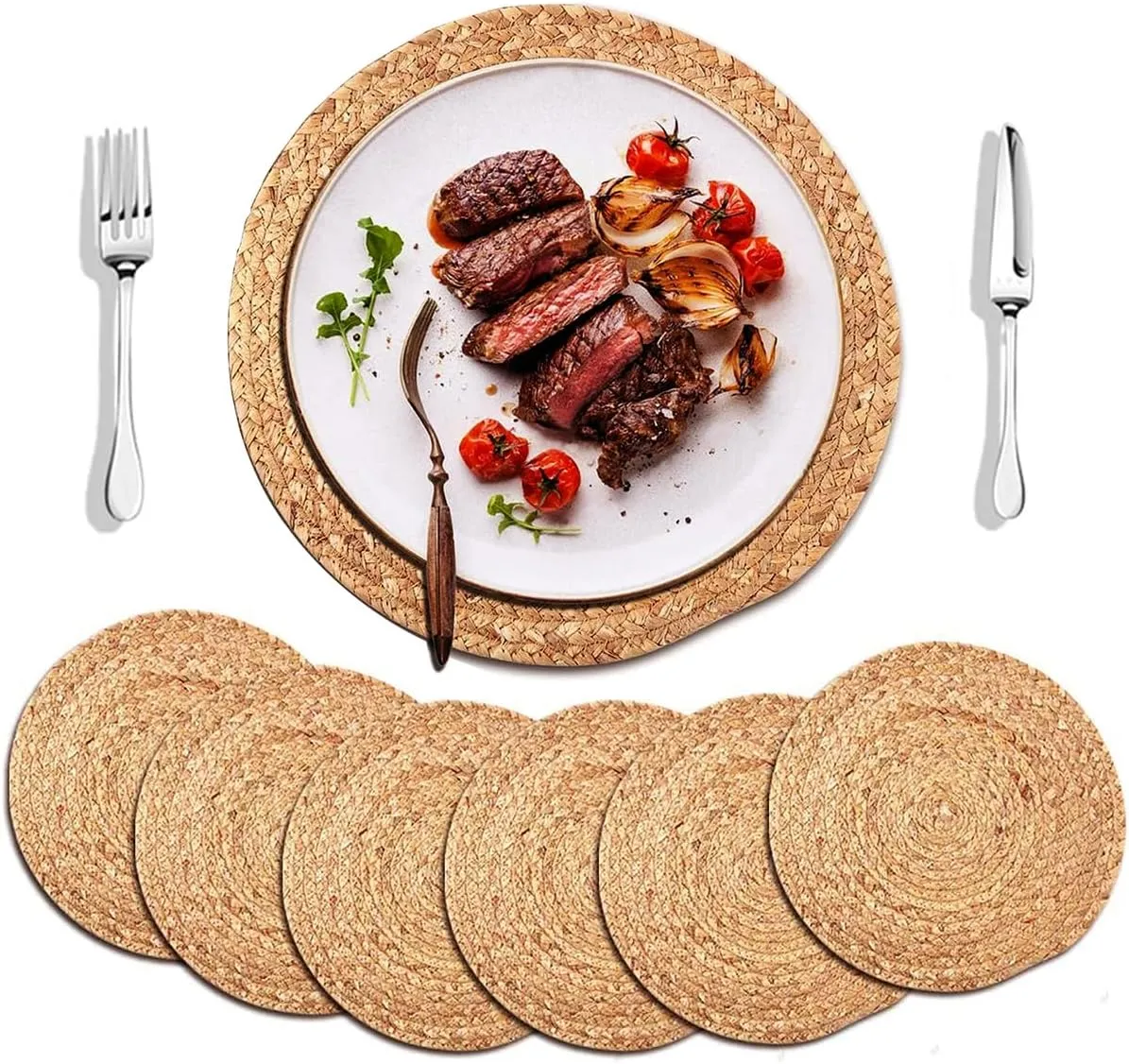 Water Hyacinth Woven Placemats, 13 inches Round Handwoven Boho Vintage Placemats Set of 6 Rattan Plate Chargers Wicker Tablemats Braided Heat Resistant Place Mats for Wedding Party