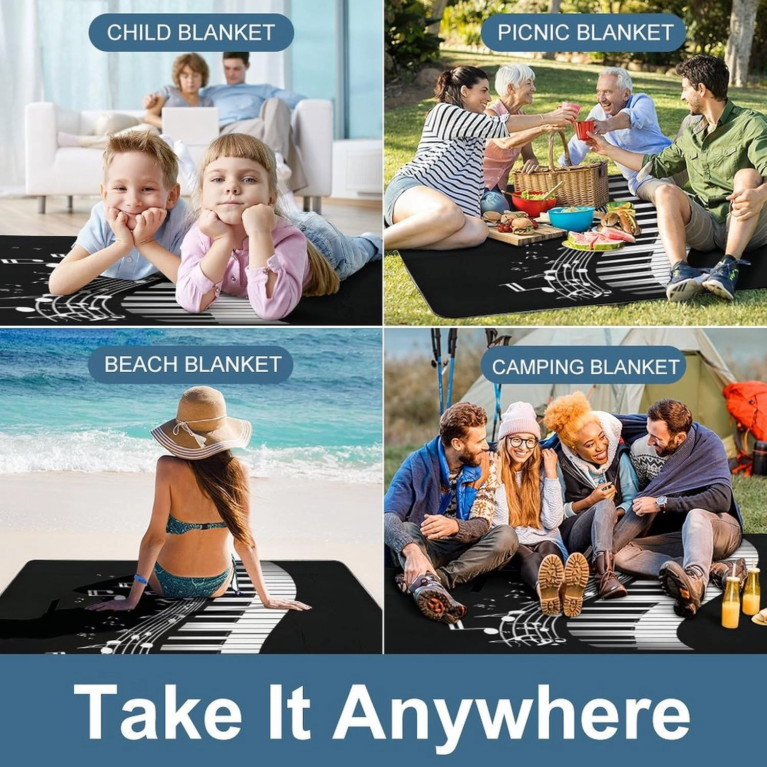 Waterproof Beach Blanket with Carry Strap, Lightweight and Durable White Piano Keys with Musical Notes Black Mat for Camping Park Travel Beach Accessories