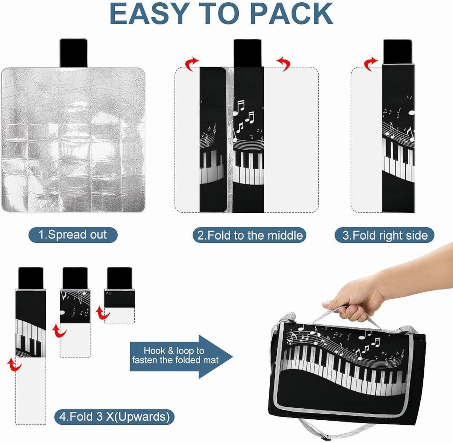 Waterproof Beach Blanket with Carry Strap, Lightweight and Durable White Piano Keys with Musical Notes Black Mat for Camping Park Travel Beach Accessories