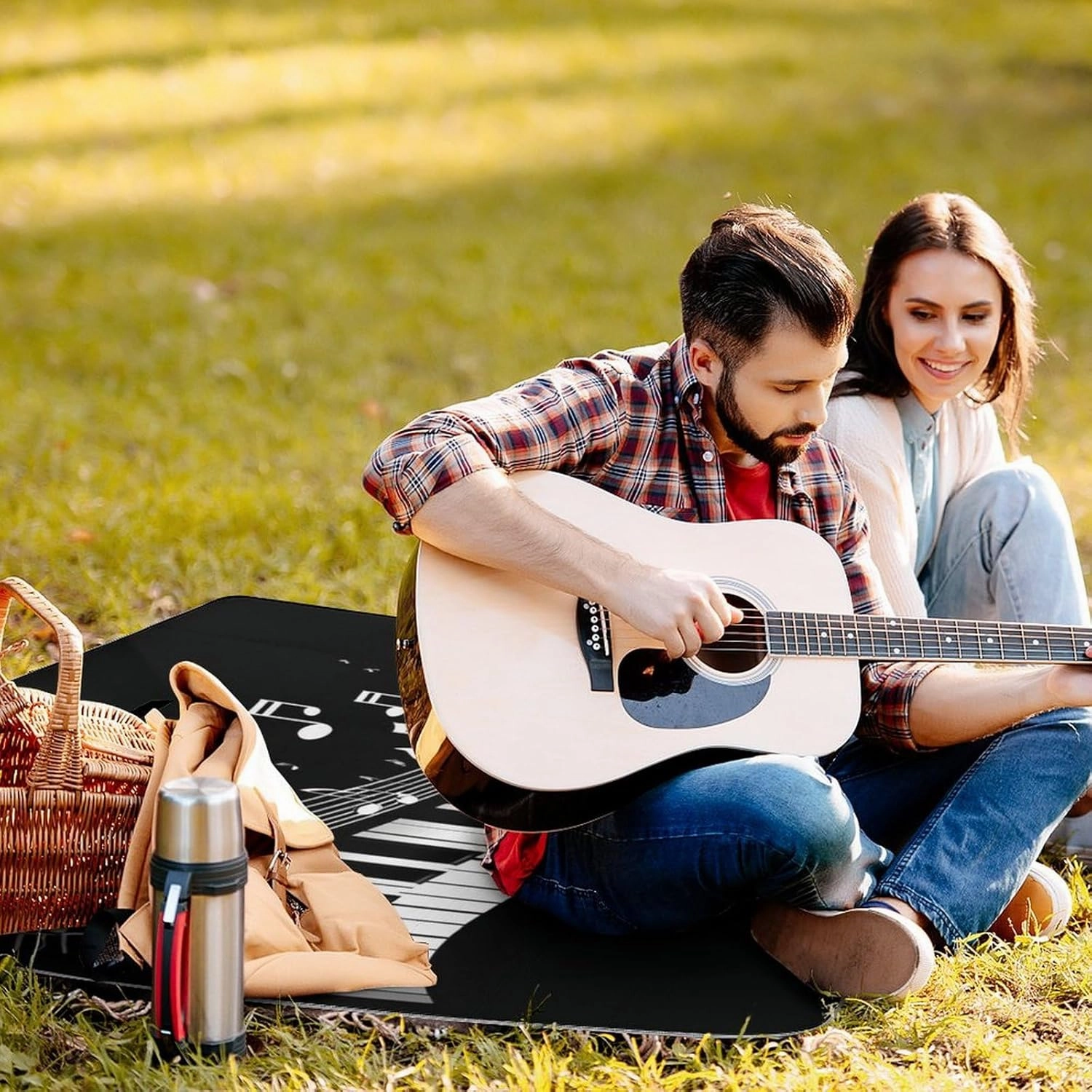 Waterproof Beach Blanket with Carry Strap, Lightweight and Durable White Piano Keys with Musical Notes Black Mat for Camping Park Travel Beach Accessories