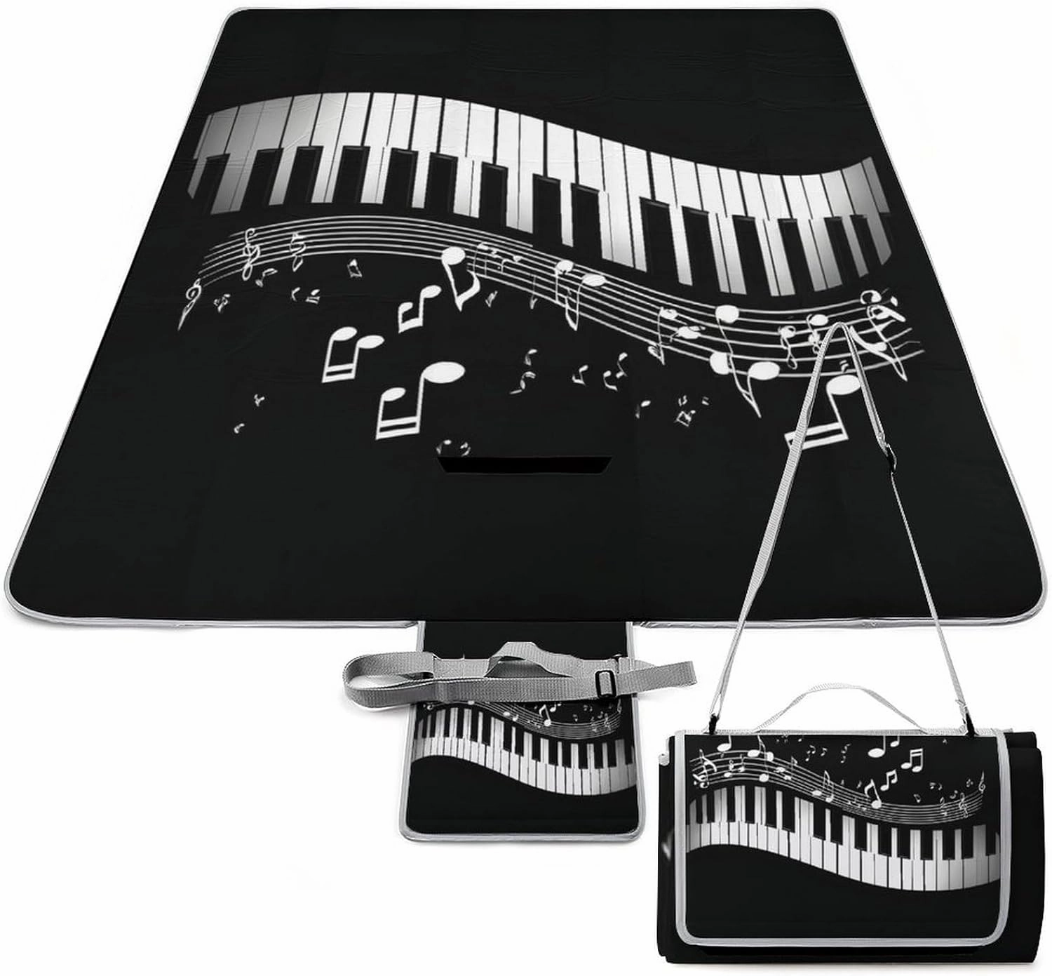 Waterproof Beach Blanket with Carry Strap, Lightweight and Durable White Piano Keys with Musical Notes Black Mat for Camping Park Travel Beach Accessories